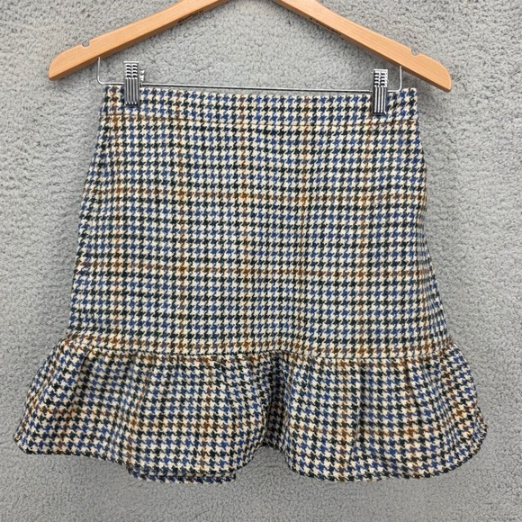 J. Crew Dresses & Skirts - J.Crew Womens 2 Houndstooth Wool Mini Skirt Ruffle Hem Blue Brown Plaid Lined